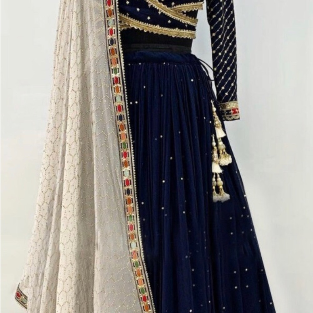Lehenga for wedding and parties. Navy blue Choli with beautiful embroidery